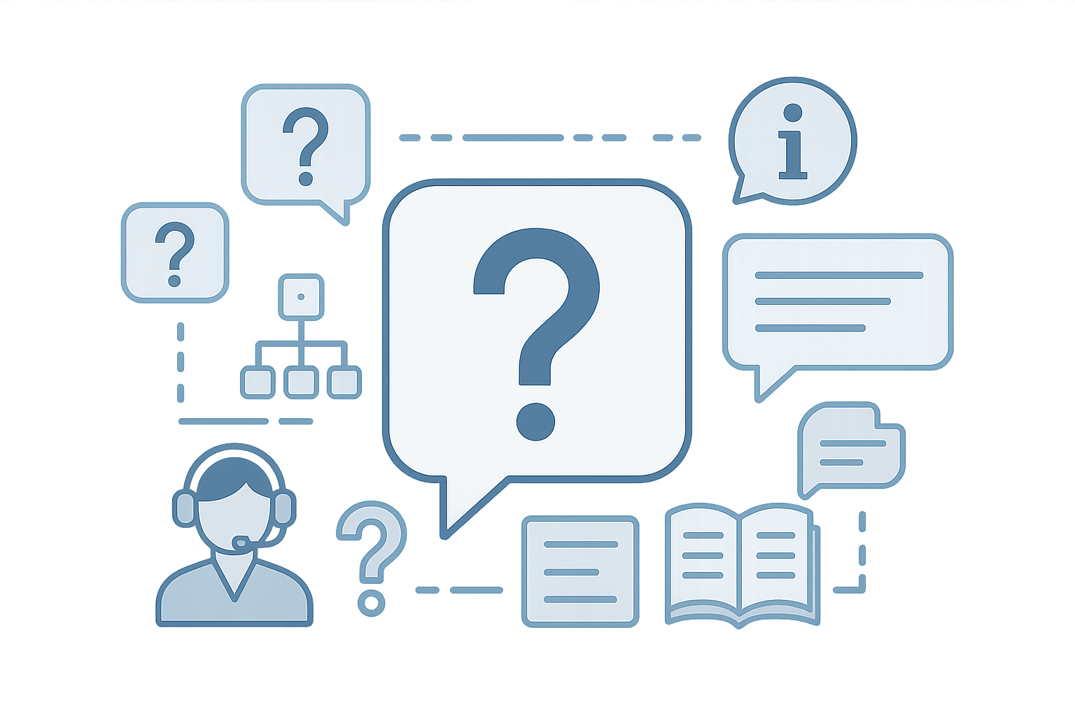 Illustration of consultation process with team meeting, project planning documents, and communication tools
