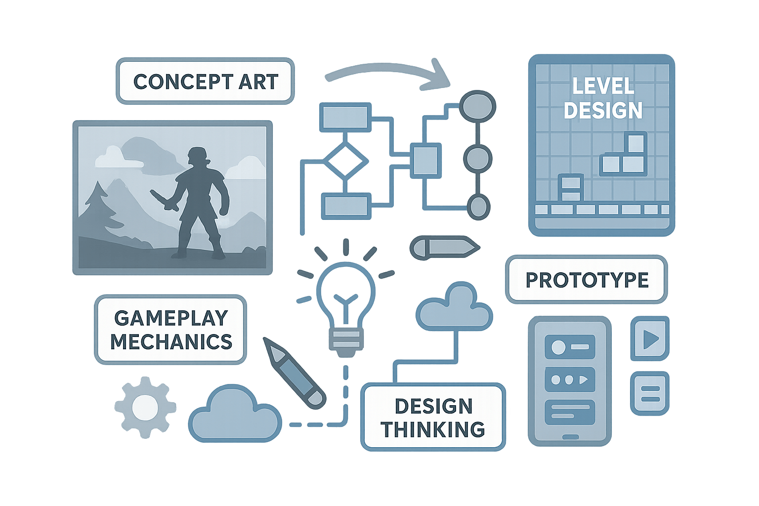 Illustration of game design process with concept art, wireframes, and prototype elements