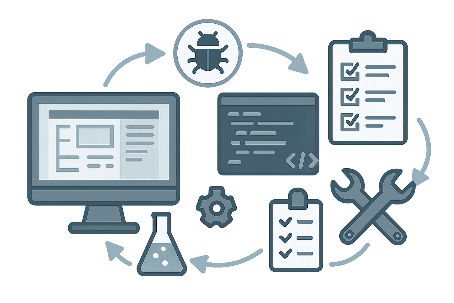 Illustration of game prototyping tools showing Unity interface, code editor, and rapid iteration workflow