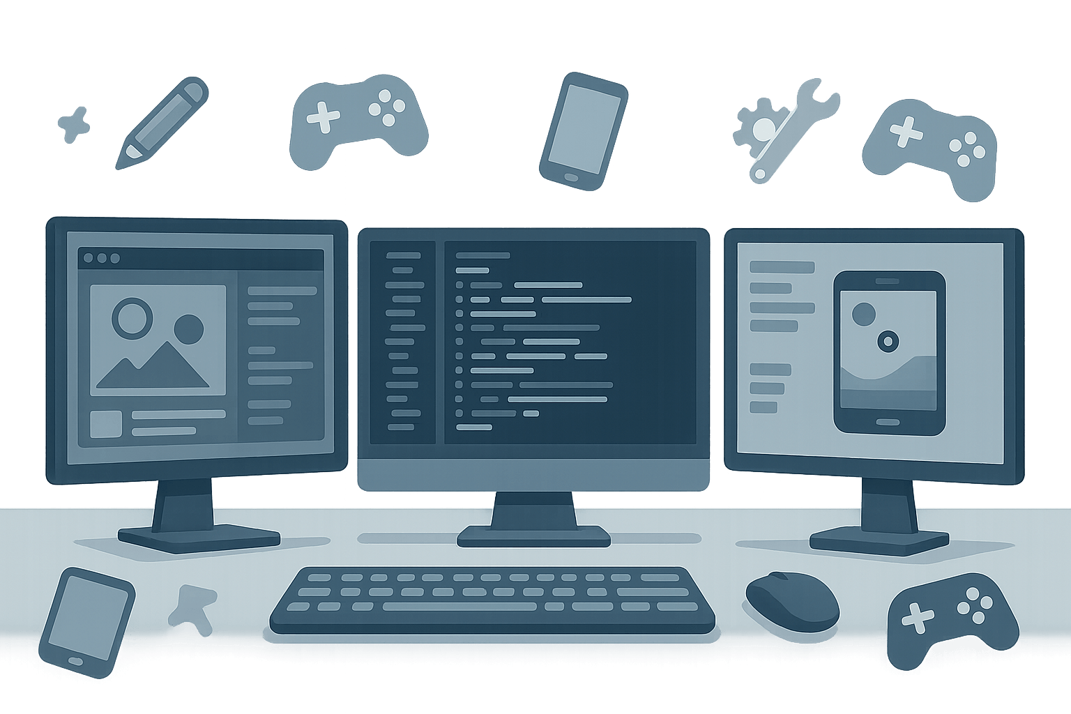 Illustration of a modern game development workspace with multiple screens showing Unity interface, code editor, and mobile game previews