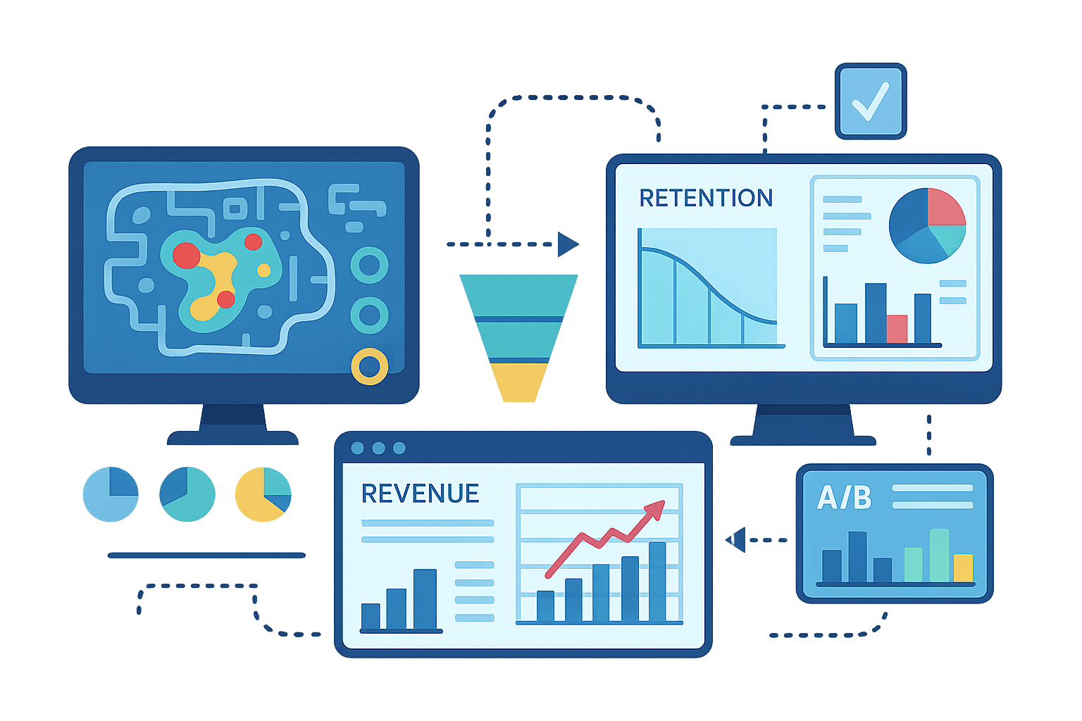 Illustration of live operations analytics optimization with KPI dashboards, player retention analysis, revenue metrics, and A/B testing results