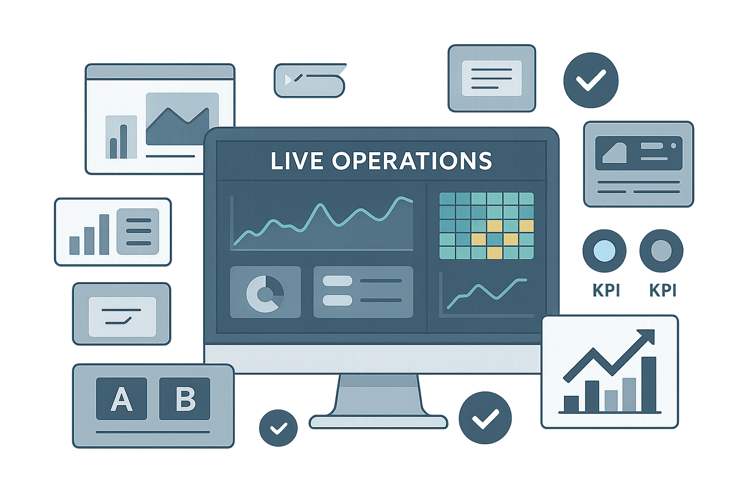 Illustration of live operations dashboard with analytics charts, player metrics, and content management systems
