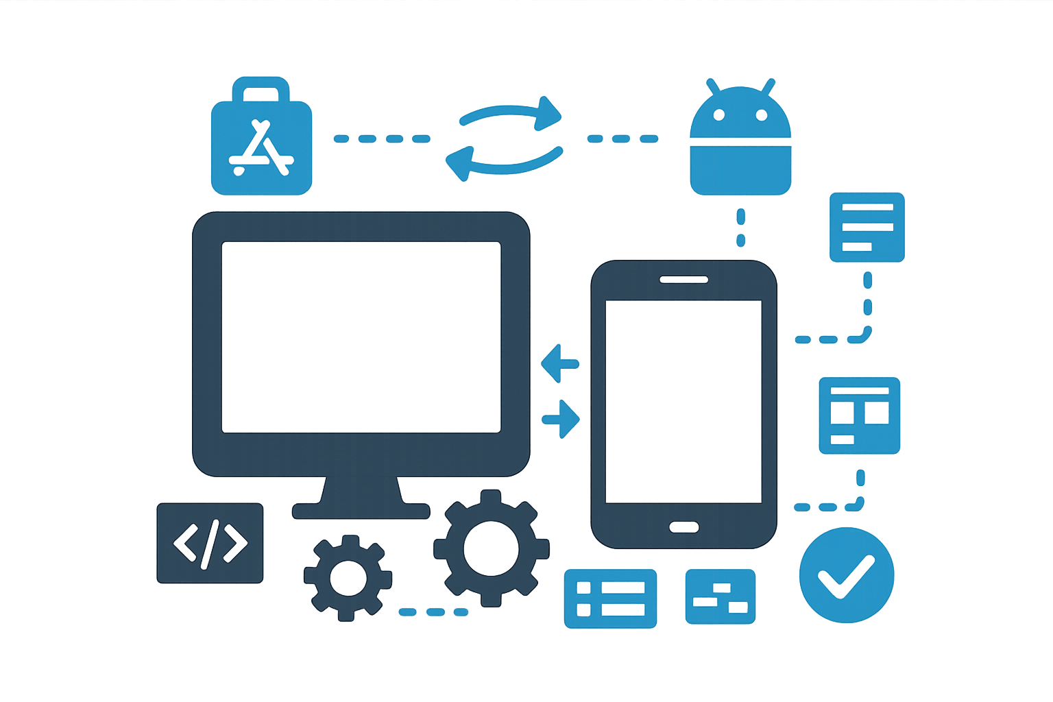 Illustration of mobile game development showing iOS and Android devices with game interfaces and development workflow