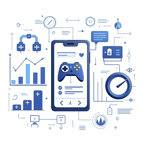 Illustration of mobile game optimization showing performance metrics, battery usage graphs, and device compatibility matrix