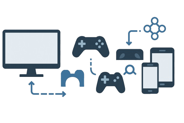Illustration of cross-platform porting showing PC, console, and mobile devices connected with porting workflow arrows