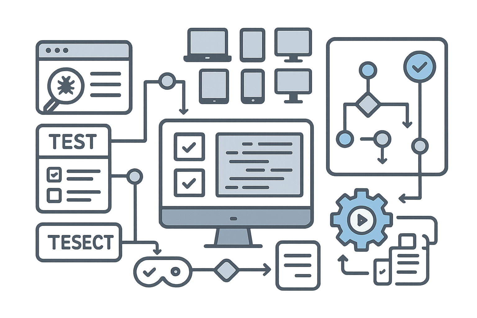 Illustration of QA testing process showing multiple devices, testing tools, and quality assurance workflow
