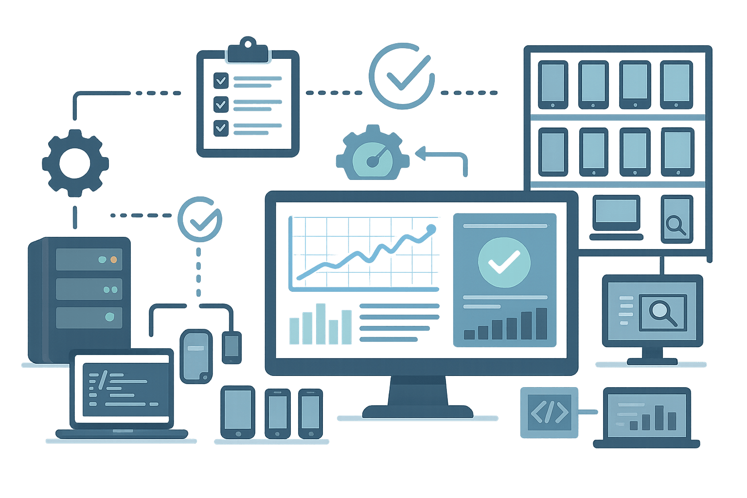 Illustration of comprehensive testing environment setup with automated testing tools, and performance monitoring systems