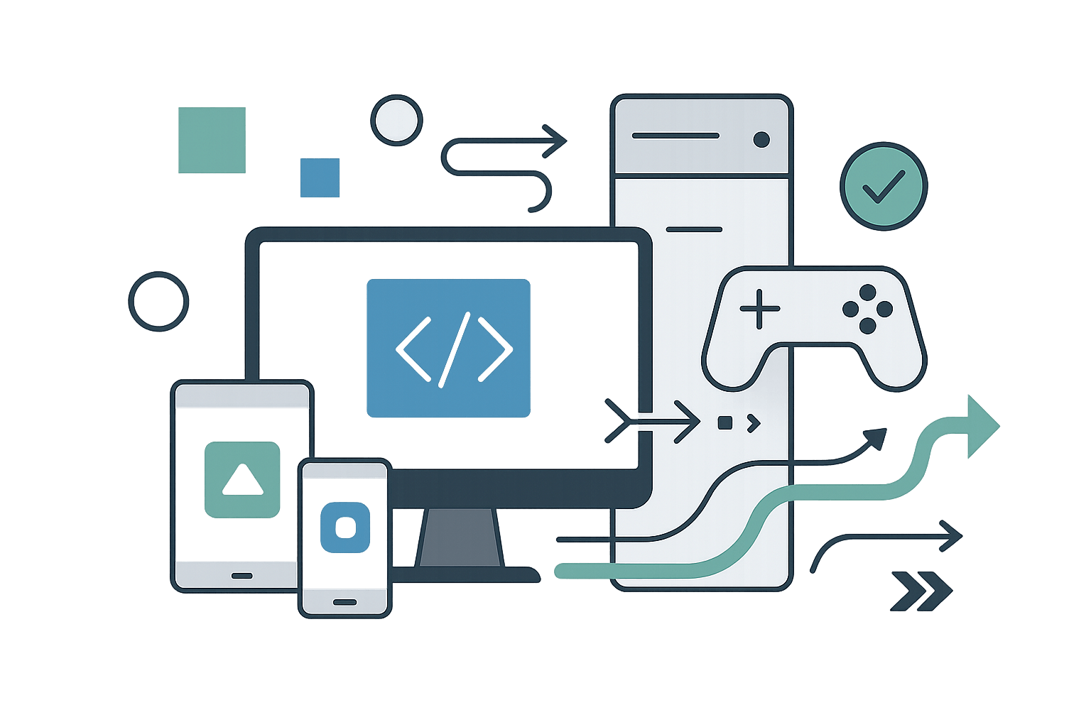 Illustration of cross-platform game porting showing PC, console, and mobile devices connected with data flow arrows