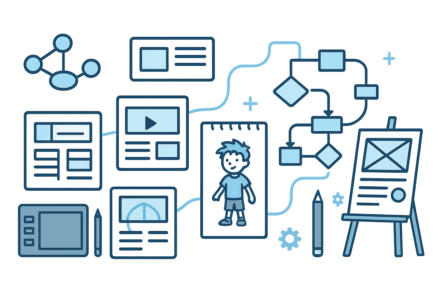 Illustration of game design process with storyboards, character sketches, and gameplay flowcharts