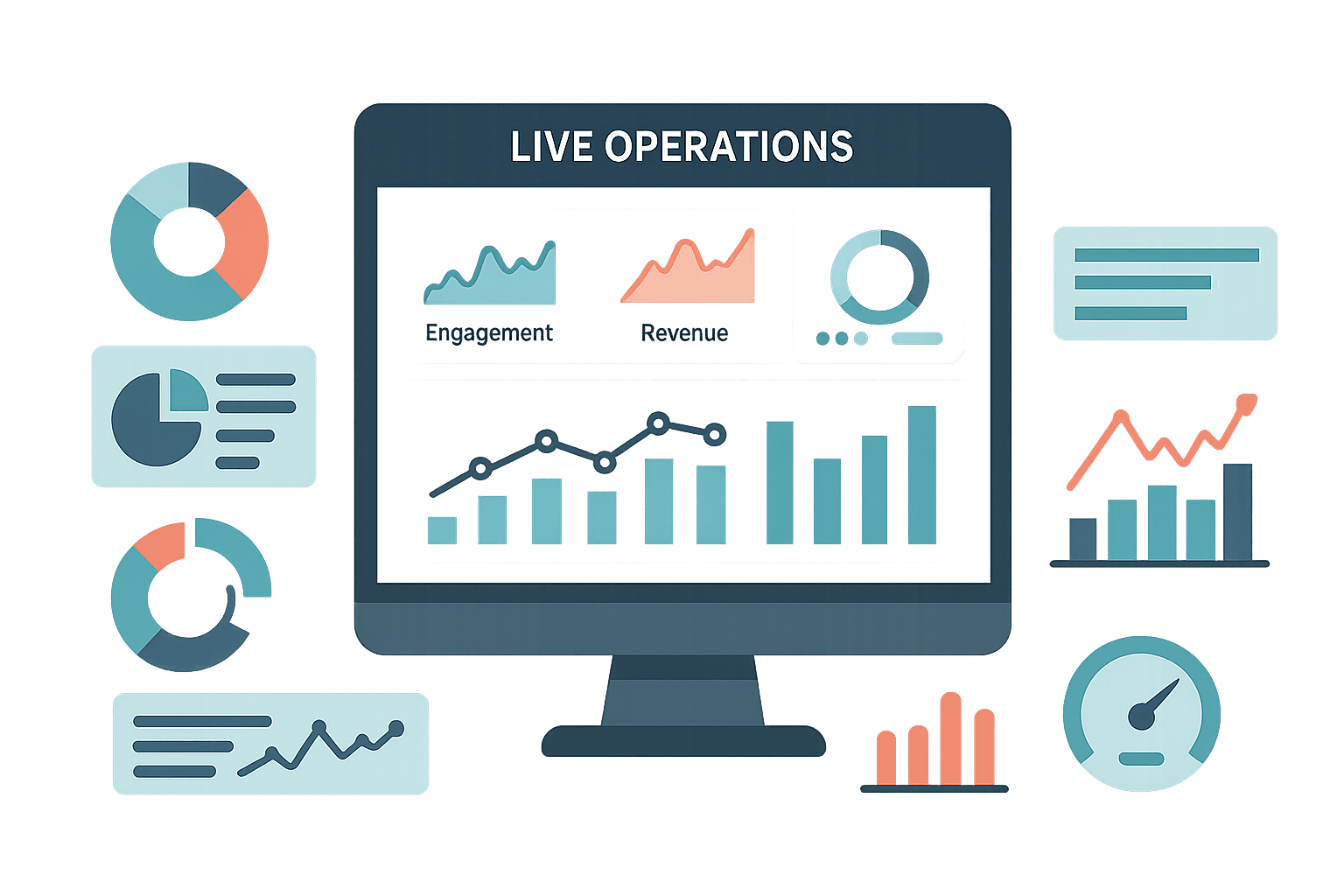 Illustration of live operations dashboard with analytics charts, user engagement metrics, and performance indicators