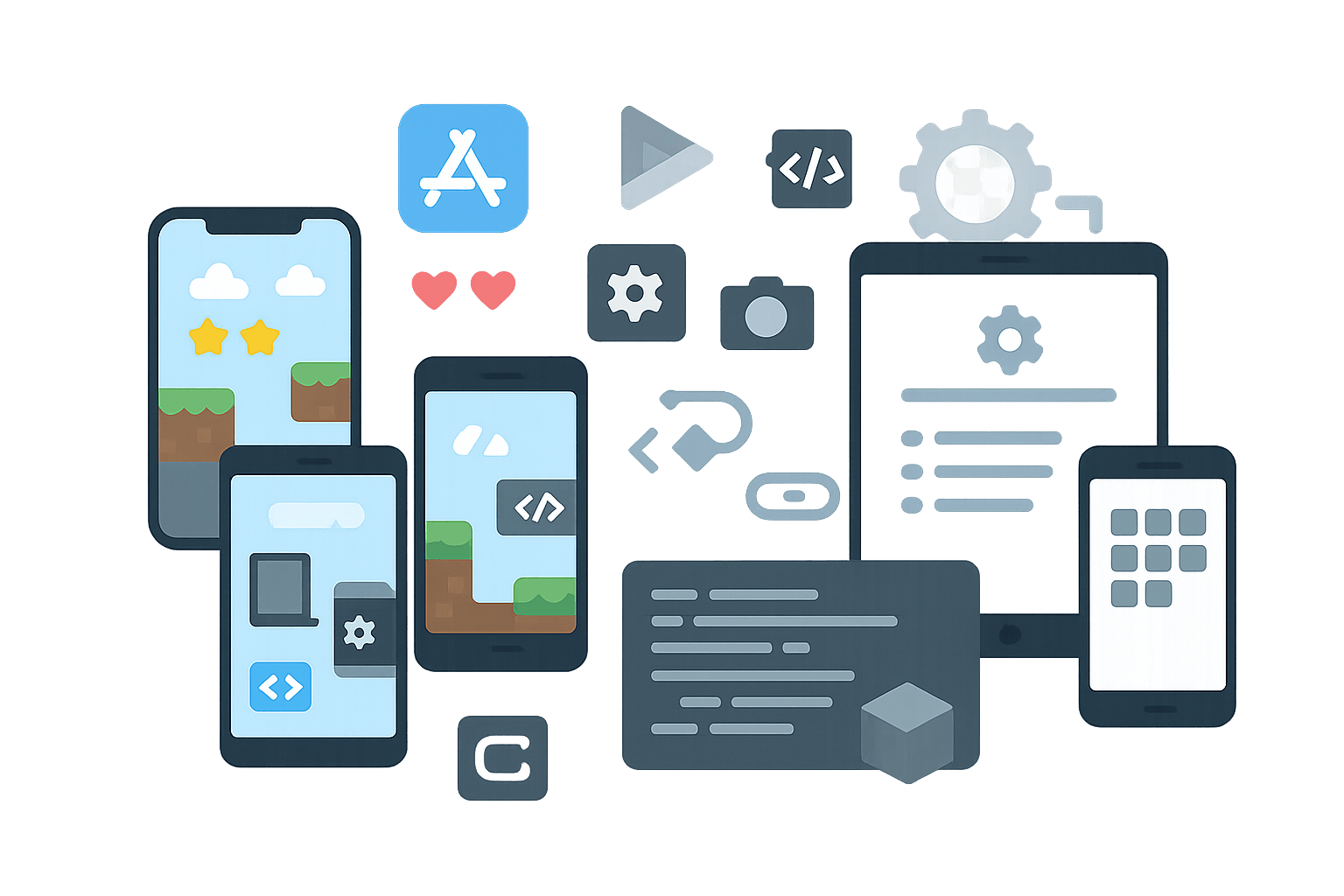 Illustration of mobile game development showing smartphone and tablet with game interfaces and development tools
