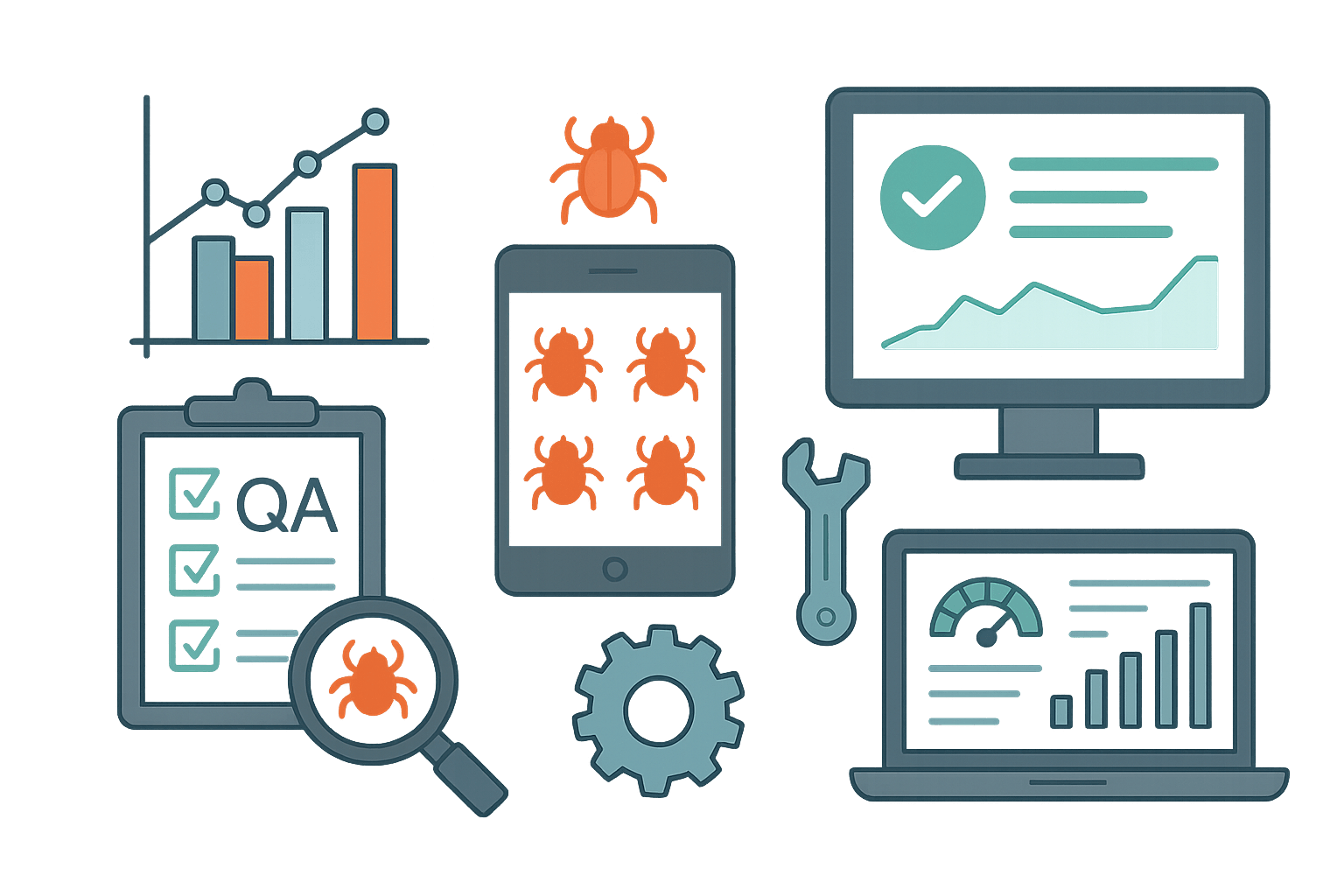 Illustration of QA testing process with bug tracking charts, device testing setup, and quality checkmarks