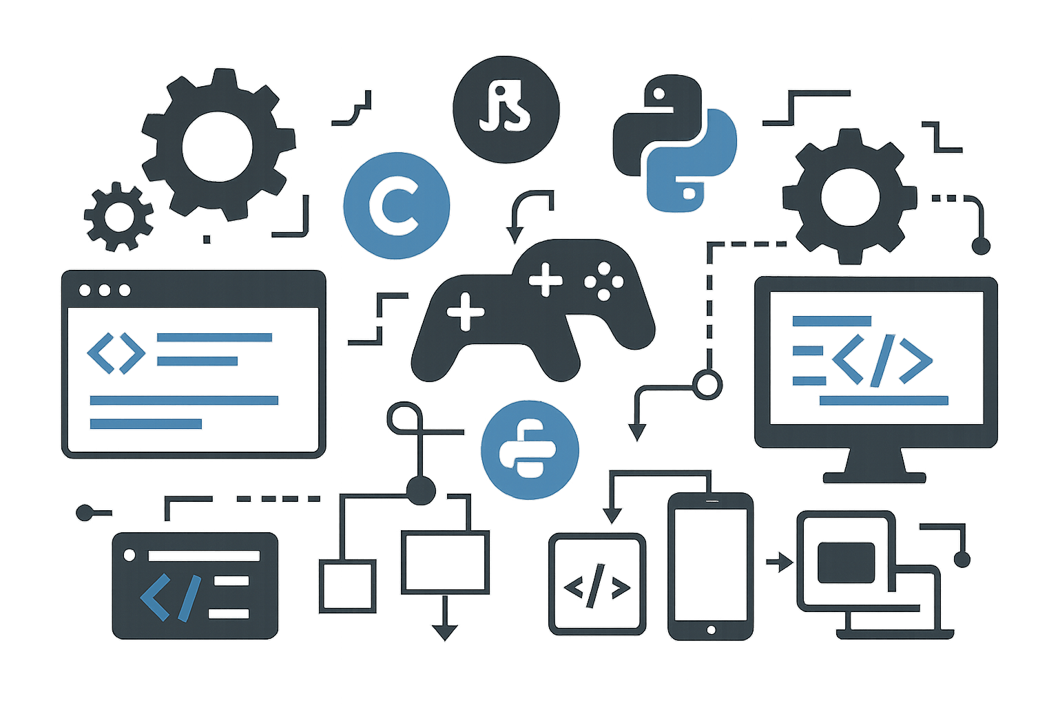 Illustration of technical expertise showing programming languages, game engines, and platform icons in an organized workflow